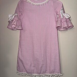 Pink Striped Dress with Pom Pom Trim